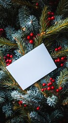 Blank Christmas Card with Pine Branches and Red Berries