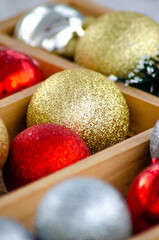 christmas balls for sale at a street market, background for christmas concept