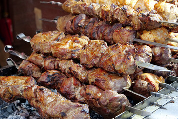 Meat on skewers. Grilled shashliks in a shashlik shop