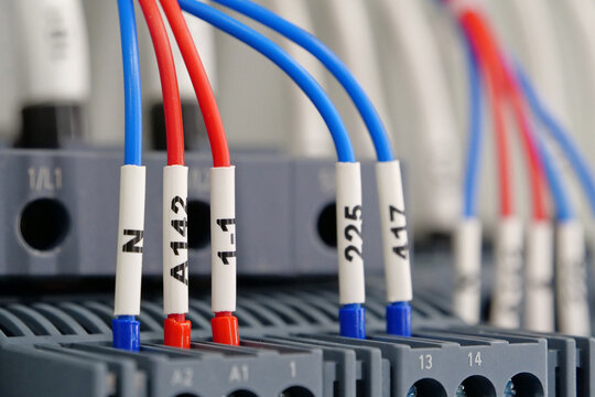 Industrial electrical equipment and wiring.Terminal blocks in electrical cabinet