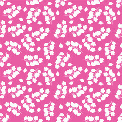 Seamless floral pattern, cute ditsy print with small pink flowers, leaves on purple background. Pretty botanical design for fabric, paper and other surfaces. Vector illustration.