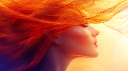 Dramatic side profile of a woman with vibrant orange flowing hair symbolizing beauty strength and confidence in a bold artistic design