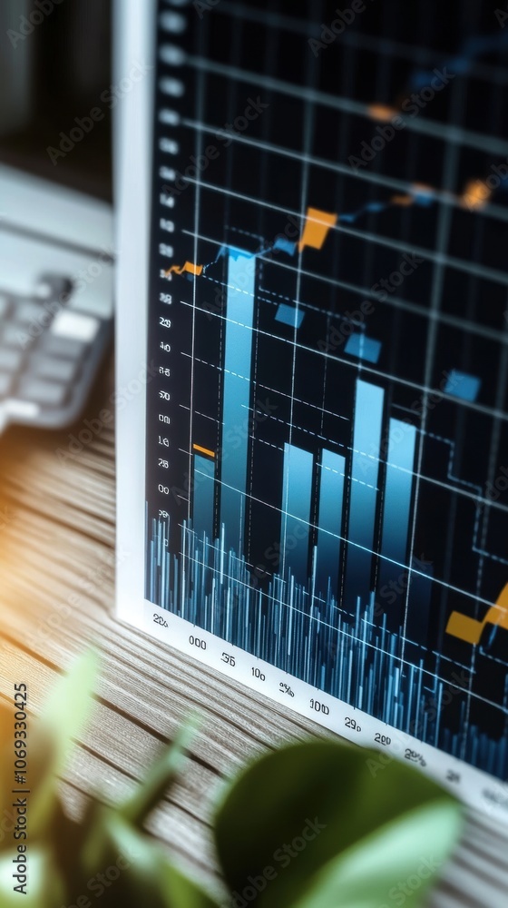 Poster focused view of a financial chart displaying trends and statistics on a desk.