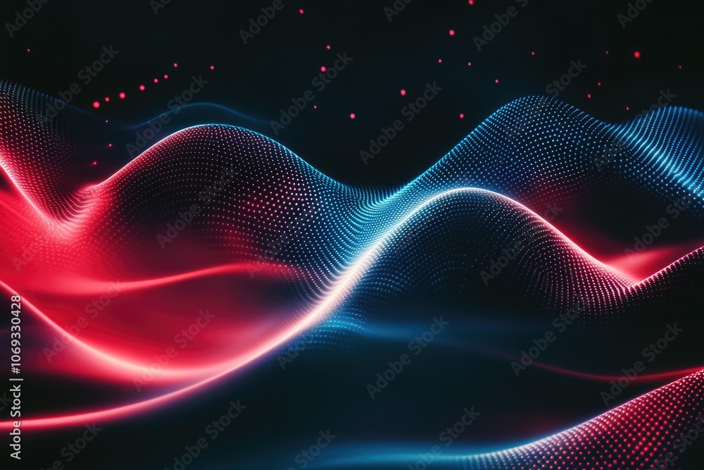 Poster a stylized representation of red and blue light waves on a dark background