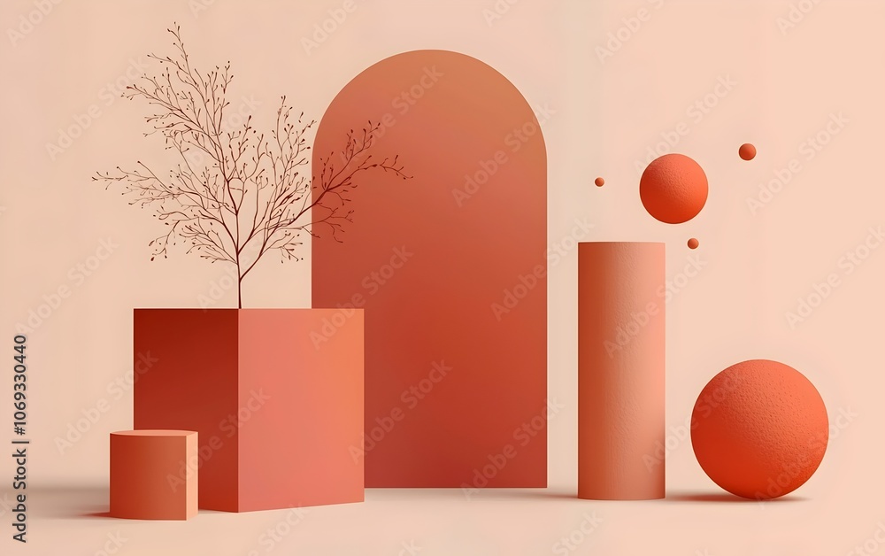 Poster a modern composition featuring geometric shapes in varying shades of coral and peach, with a delicat