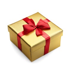 Fototapeta premium A gold gift box with a red ribbon bow.