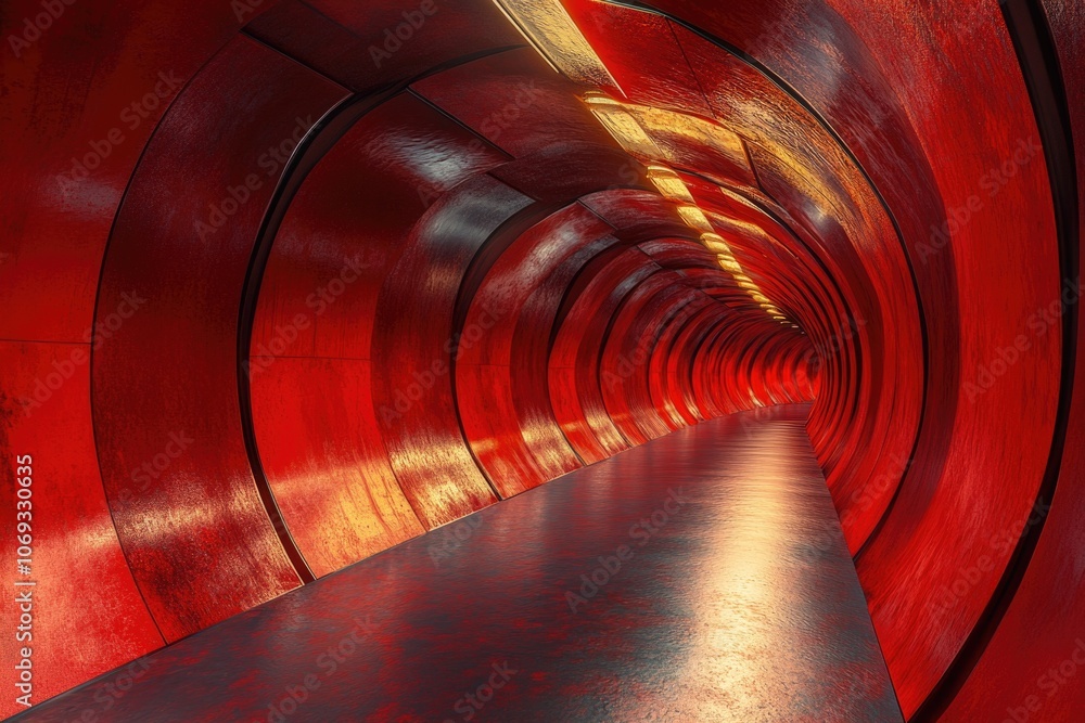 Poster A long red tunnel with a light at the end, ideal for representing guidance or direction