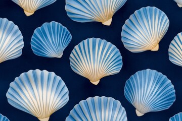 Elegant pattern featuring detailed blue seashells on a dark background for a vintage beach theme