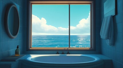 Fototapeta premium Serene Bathroom Overlooking Tranquil Ocean with Bright Blue Skies and Billowing Clouds