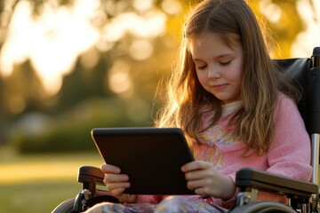 Obraz premium A young girl sits in her wheelchair and uses a tablet for entertainment or educational purposes
