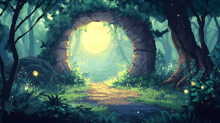 Pixel Game Background: Enchanting pixel art scenery featuring a magical forest portal.   