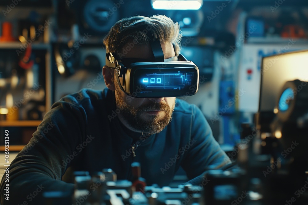 Poster a person using a virtual reality headset at a desk