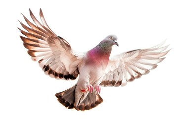 Fototapeta premium PIGEON IS Flying in the Air with Its Wings Spread Wide. The Bird detailed colorful near the white background