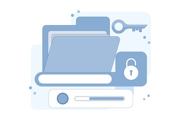 Data protection concept, data protection for personal privacy, data storage, information, protection, permission, rules, cyber safety and security. old giant file, key and lock.