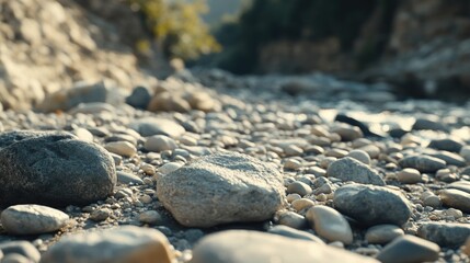 Coastal landscape with rocks and gravel on the shore, suitable for use in travel or outdoor-themed projects