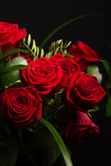 Close-up of red roses with green branches, black background, vertical, with copy space