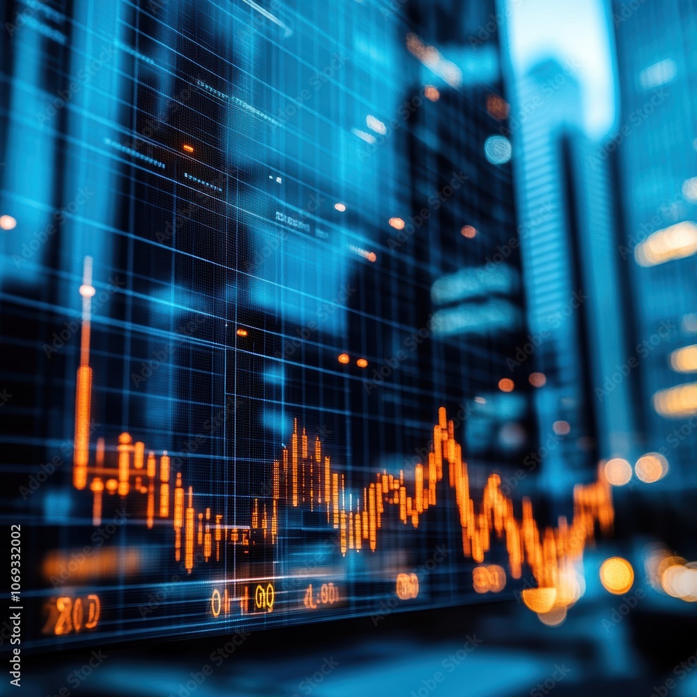 Poster dynamic financial graph with glowing orange lines in an urban skyline background.