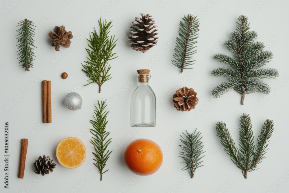 Poster A rustic table setting featuring pine cones and oranges