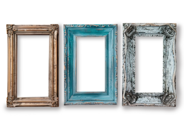 3 distressed wood frames with peeling old paint on wood. ornate vintage photo frames on transparent background empty mockup for paintings and photos and art presentation