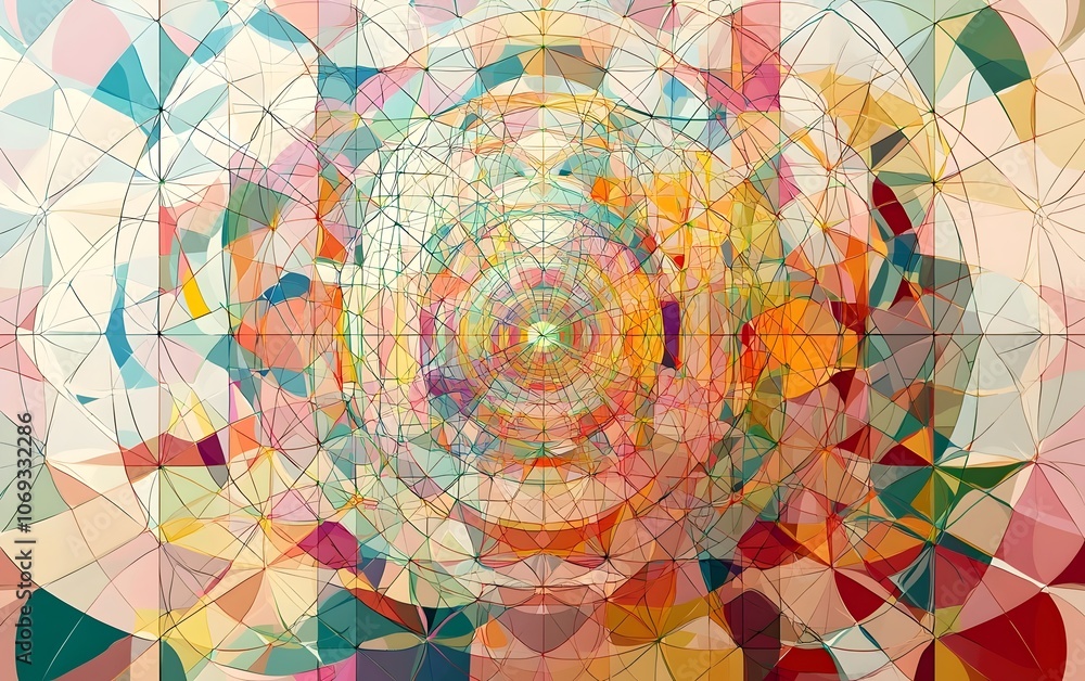 Poster an abstract geometric pattern features vibrant colors and intricate shapes, creating a sense of dept