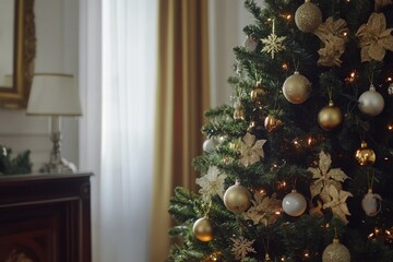 A beautifully decorated Christmas tree in a cozy living room setting
