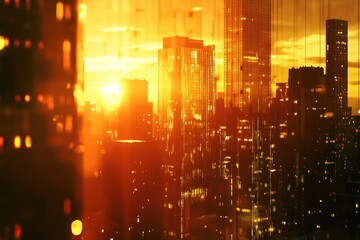 Urban landscape seen through a window as the sun sets, ideal for use in scenes about people watching or urban life