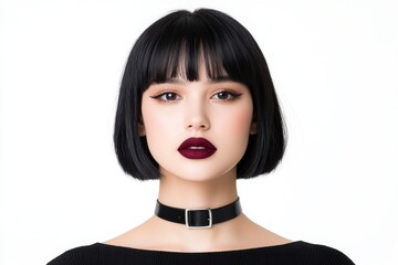 This woman wears striking makeup and a choker necklace to exemplify dark Gothic elegance