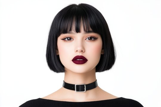 This woman wears striking makeup and a choker necklace to exemplify dark Gothic elegance
