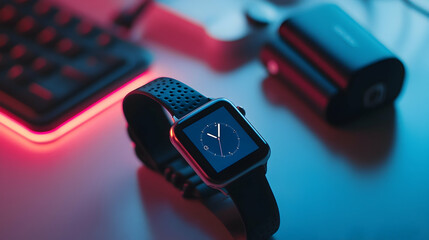 Smartwatch & Phone: Tech lifestyle scene featuring a smartwatch, phone, and power bank.   