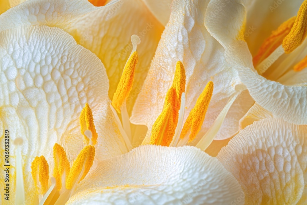 Poster a detailed shot of a single white flower with bright yellow stamens, suitable for use in still life 