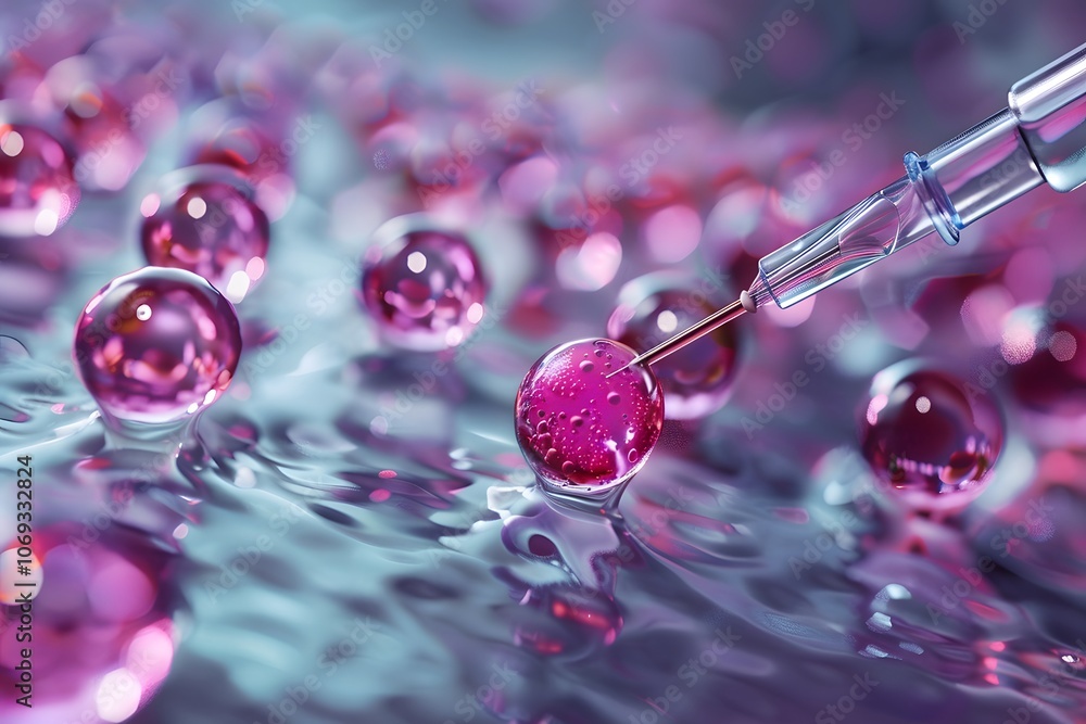 Poster captivating close-up of colorful droplets and a syringe in a fluid environment