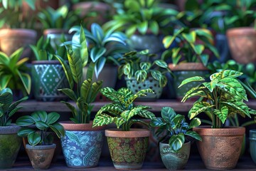 Obraz premium Plants on a shelf, multiple pots with different greenery