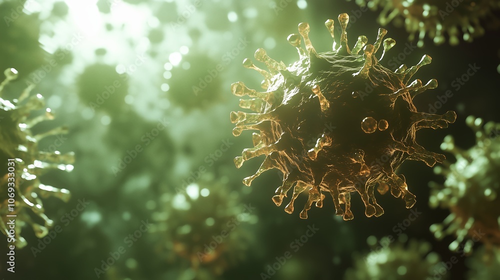 Poster detailed view of virus particles in a microscopic environment showcasing their structure and behavio
