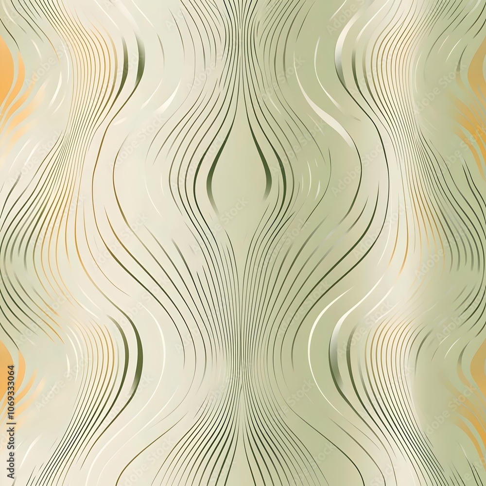 Poster Abstract wave pattern in soft green and gold tones, creating a fluid and calming visual effect. Suitable for backgrounds or textile designs.