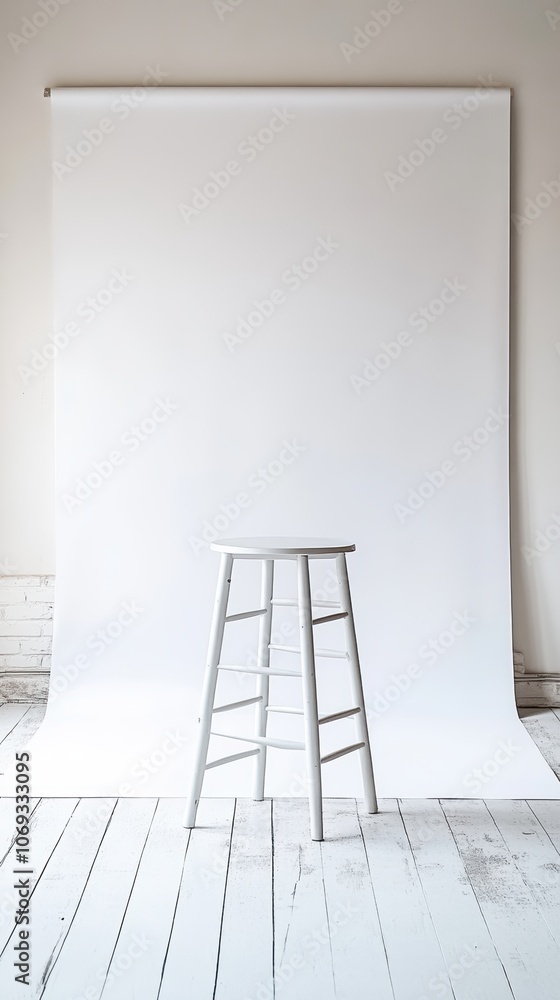 Poster minimalist white studio setup featuring an empty stool against a plain backdrop.