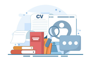 job search concept. recruitment agency. online job interview, recruitment process, candidate selection, CV, resume and job vacancies. Vector illustration for web banner.