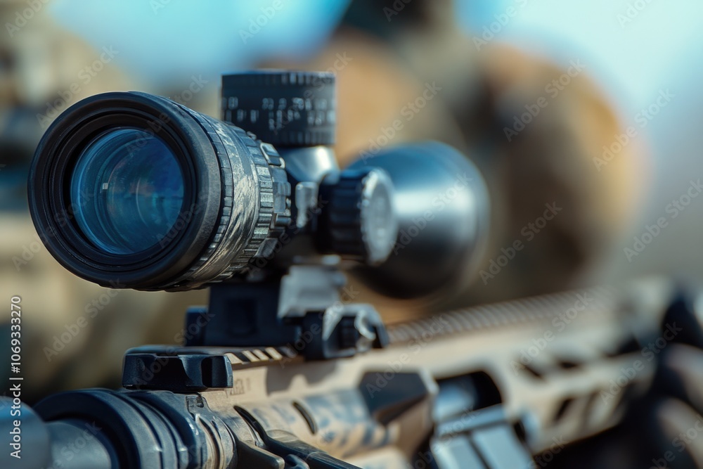 Poster close-up view of a rifle equipped with a scope, suitable for hunting or military applications