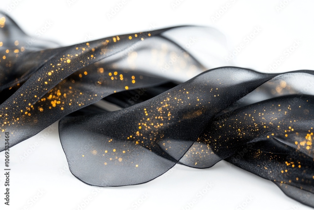Poster a close-up shot of a black and gold ribbon, perfect for use in designs and layouts where a touch of 