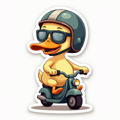 funny caricature of a duck with a helmet on a tiny motorcycle, a generative AI
