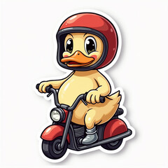 funny caricature of a duck with a helmet on a tiny motorcycle, a generative AI
