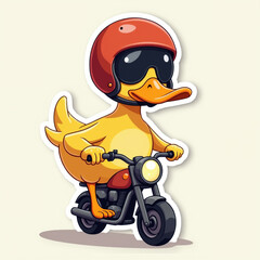 funny caricature of a duck with a helmet on a tiny motorcycle, a generative AI
