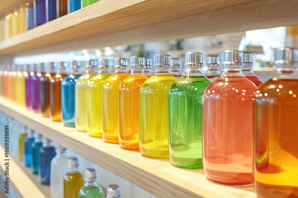 Poster A shelf filled with variously colored bottles