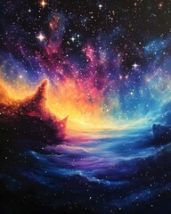 Obraz premium A stunning cosmic landscape featuring vibrant colors of purple, orange, and blue swirling through a star-filled galaxy, evoking a sense of wonder and vastness in space.
