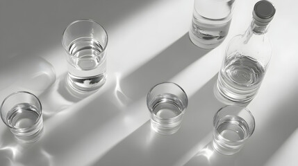 Vodka Bottles: Overhead view of vodka and shot glasses, perfect for branding.   
