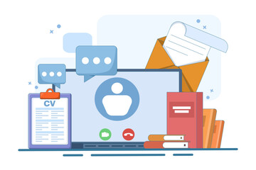 job search concept. recruitment agency. online job interview, recruitment process, candidate selection, CV, resume and job vacancies. Vector illustration for web banner.