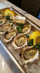 Fresh oysters on ice with lemon wedges and parsley garnish in serving tray, seafood dining concept