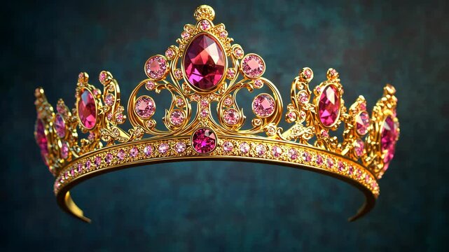 A gold crown with pink jewels sits against a dark blue background
