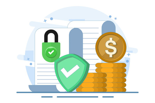 financial security concept: green shield, lock, coins