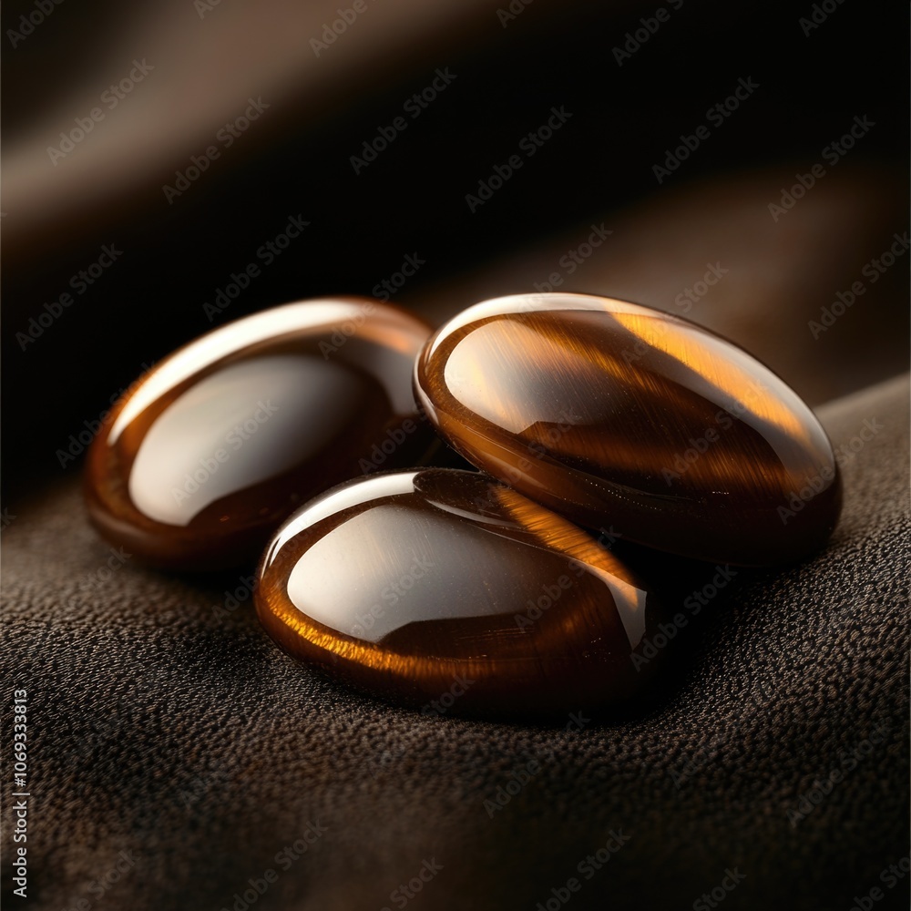 Poster a close-up shot of three brown stones arranged on a cloth, suitable for use in still life or interio