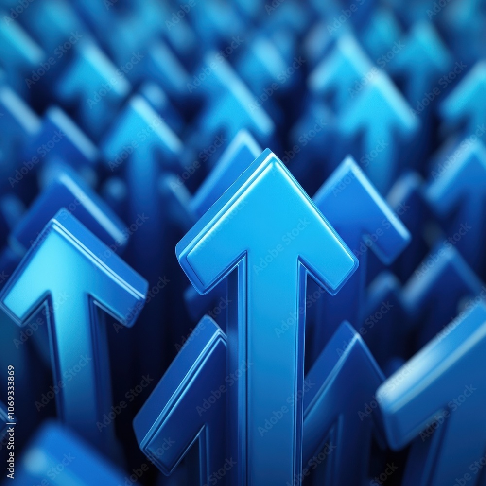 Poster a dynamic field of glossy blue upward arrows symbolizing growth and progress.